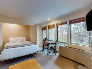 Cozy mountain studio near skiing & town with fast WiFi, shared pools, & patio
