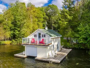 Fly by Rosseau Sunset View Cottage, Boathouse + Bunkies on Lake Rosseau