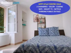 Apt 67m2 Hyper Centre: 2 Chambres, Cuisine TV Wifi