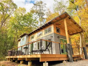 Walk to State Park Trails! Modern cabin surrounded by woods + hot tub + firepit